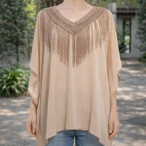 NWT One Size Beige Crochet Fringe V Neck‎ Tunic Top